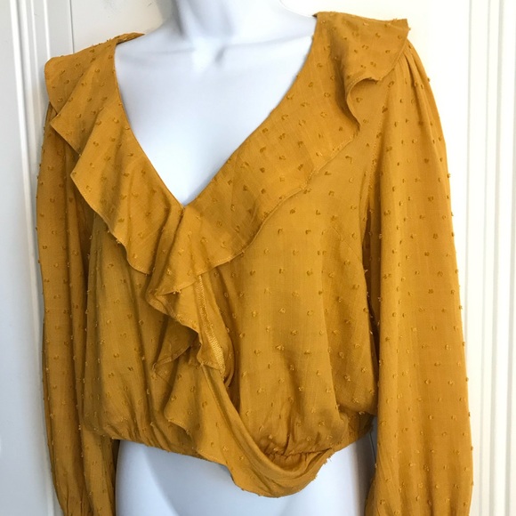 Lulus Women’s S Mustard Swiss Dot Ruffle Long Puff Sleeve Smocked Wrist Top EUC - Picture 11 of 16